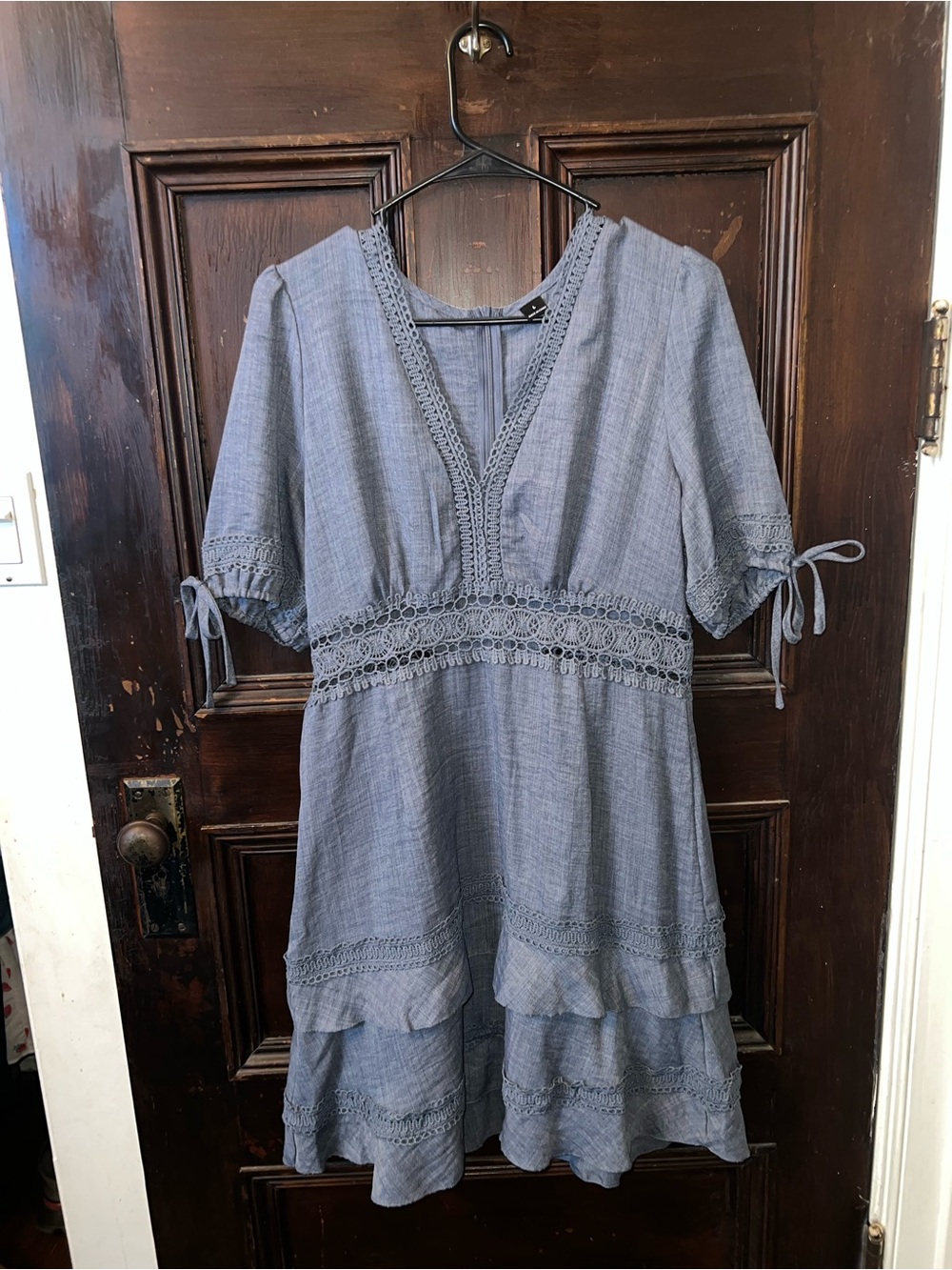 Women's Crochet Trim V-Neck Tiered Dress in blue